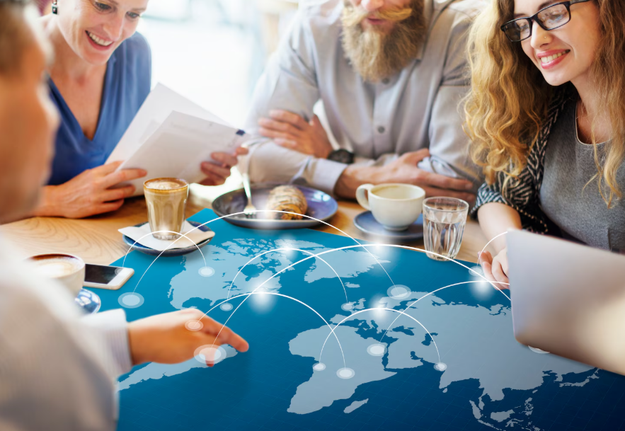 Business team discussing global family office growth trends with a digital world map overlay