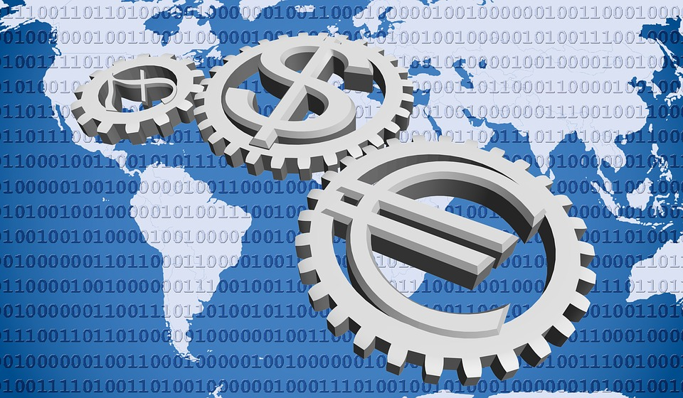 Global investing concept with currency symbols and gears over world map
