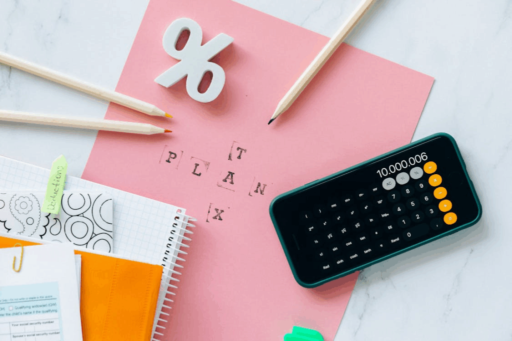 Tax planning workspace with calculator, representing legal tax planning strategies
