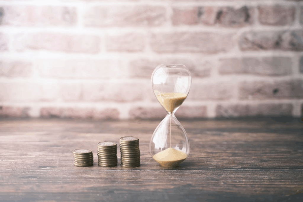 Stacks of coins beside an hourglass are a symbol of the power of compounding and how wealth grows over time.