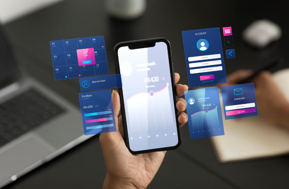 Hand holding a smartphone with AI-powered finance app interface