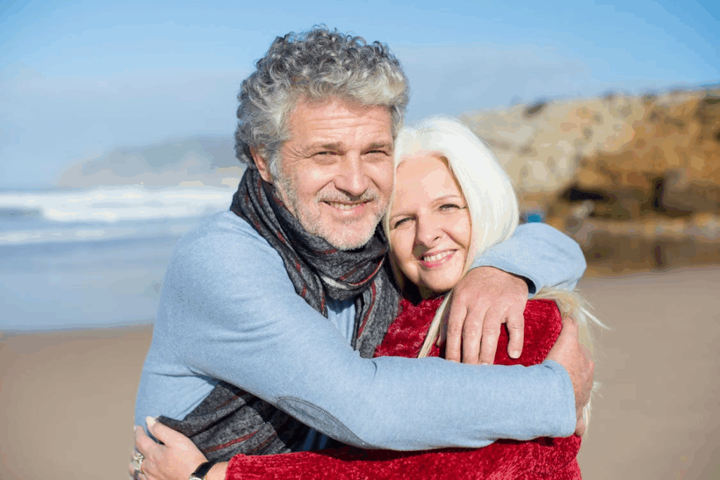 Happy retired couple on the beach, representing retirement planning for a life of health and financial freedom.