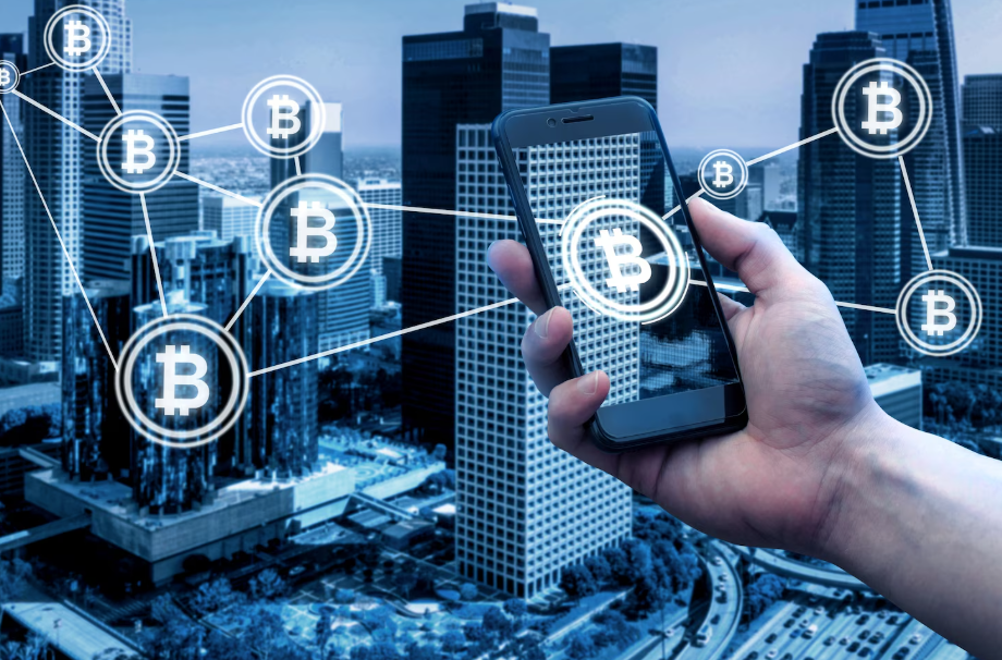 Blockchain real estate transactions illustrated by a smartphone connecting digital tokens to city buildings