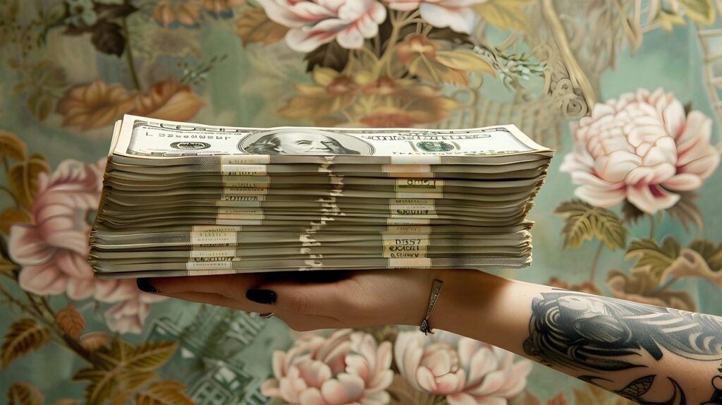 money, woman, hand, bills, hundreds, bennies, rich, tattoo, ring, lady, female, wealthy, stacks, ai generated