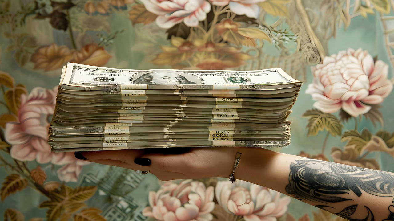 money, woman, hand, bills, hundreds, bennies, rich, tattoo, ring, lady, female, wealthy, stacks, ai generated